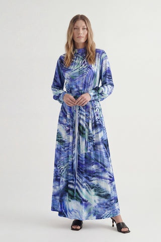 Desenli Uzun Mavi Elbise 0455