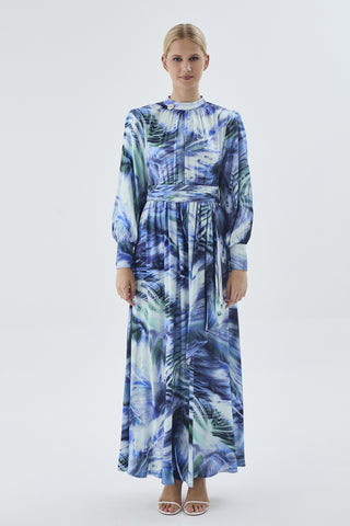 Desenli Uzun Mavi Elbise 0455