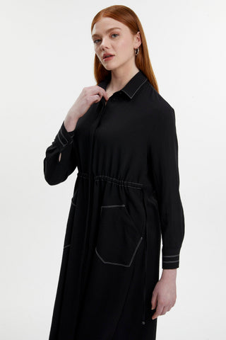 Shirt Collar Hidden Button Pocket Detail Ready-to-Wear Black Dress 0477