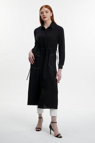 Shirt Collar Hidden Button Pocket Detail Ready-to-Wear Black Dress 0477