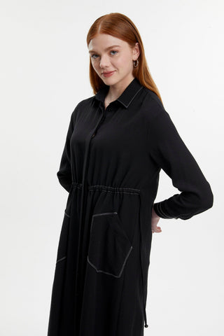 Shirt Collar Hidden Button Pocket Detail Ready-to-Wear Black Dress 0477