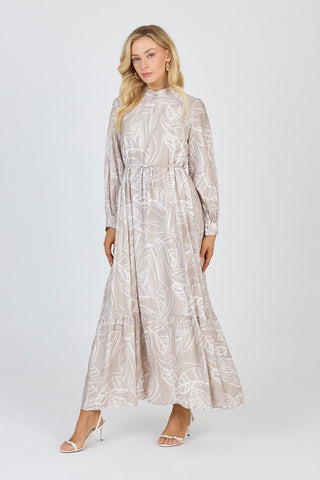 Hakim Yaka Yaprak Desenli Gri Elbise 0482