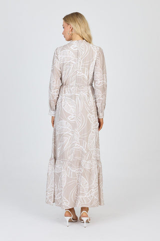 Mandarin Collar Leaf Pattern Grey Dress 0482