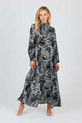 Mandarin Collar Leaf Pattern Black Dress 0482