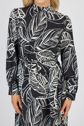 Hakim Yaka Yaprak Desenli Siyah Elbise 0482