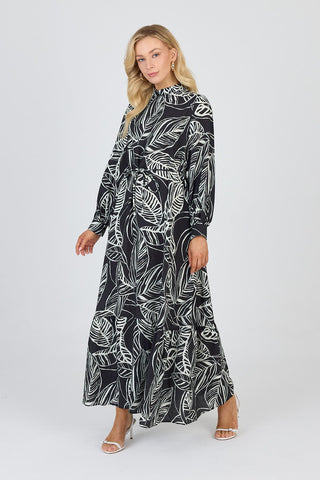 Hakim Yaka Yaprak Desenli Siyah Elbise 0482