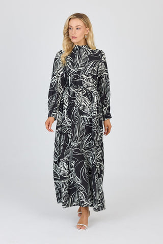 Hakim Yaka Yaprak Desenli Siyah Elbise 0482