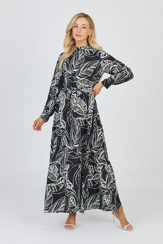 Mandarin Collar Leaf Pattern Black Dress 0482