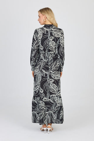 Mandarin Collar Leaf Pattern Black Dress 0482