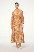 Mandarin Collar Leaf Pattern Caramel Dress 0482