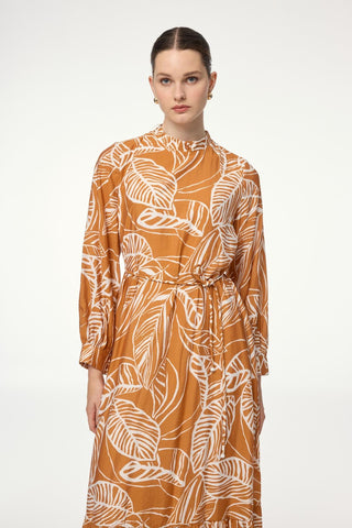 Mandarin Collar Leaf Pattern Caramel Dress 0482