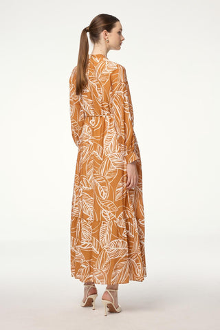 Mandarin Collar Leaf Pattern Caramel Dress 0482