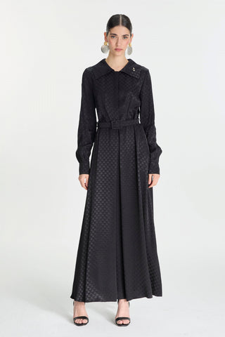 Jakarlı Kemer Detaylı Siyah Elbise 0489