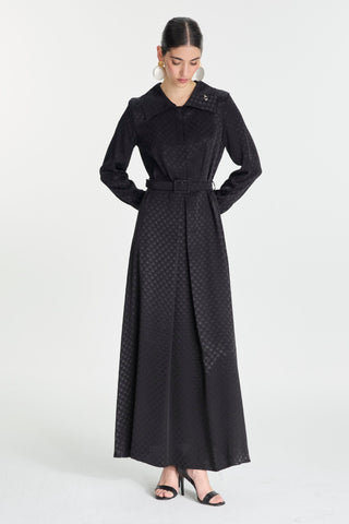 Jakarlı Kemer Detaylı Siyah Elbise 0489
