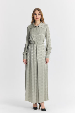 Jakarlı Kemer Detaylı Çağla Elbise 0489