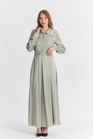 Jakarlı Kemer Detaylı Çağla Elbise 0489