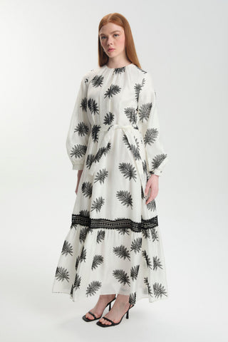 Desenli Dantel Detaylı Ekru Elbise 0494