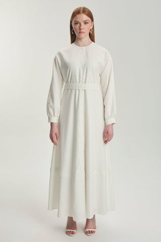 Halka Motifli Kuşaklı Ekru Elbise 0495