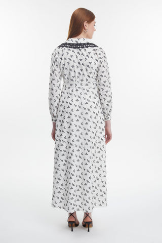 Peter Pan Collar Lace Embroidered Belted Ecru Dress 0500