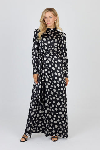 Puantiye Desenli Taş Işlemeli Siyah Elbise 0503