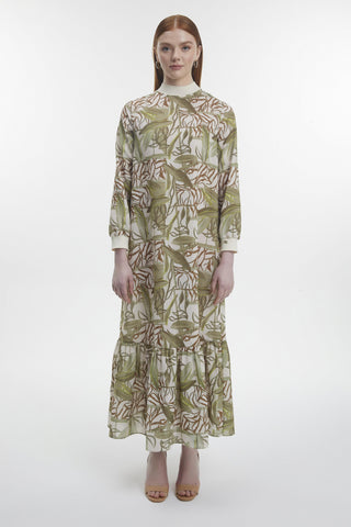 Balıkçı Yaka Desenli Yeşil Elbise 0519