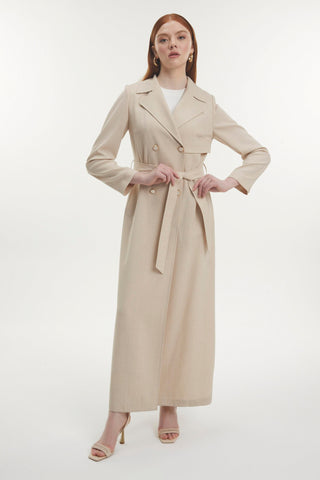 Kruvaze Yaka Kuşaklı Bej Pardesü 13444