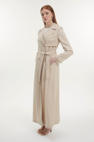 Kruvaze Yaka Kuşaklı Bej Pardesü 13444