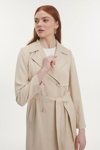 Kruvaze Yaka Kuşaklı Bej Pardesü 13444