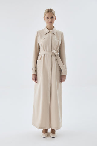 Yaka Ve Cep Desen Detaylı Kuşaklı Taş Pardesü 13780