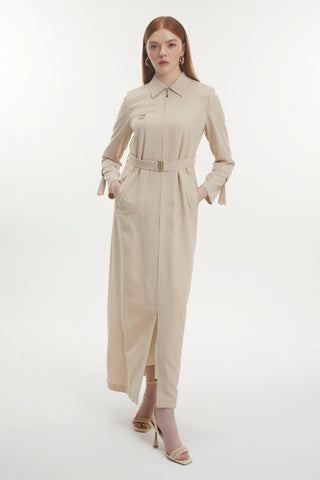 Gömlek Yaka Fermuarlı Kemerli Bej Pardesü 13781