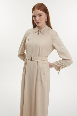 Gömlek Yaka Fermuarlı Kemerli Bej Pardesü 13781