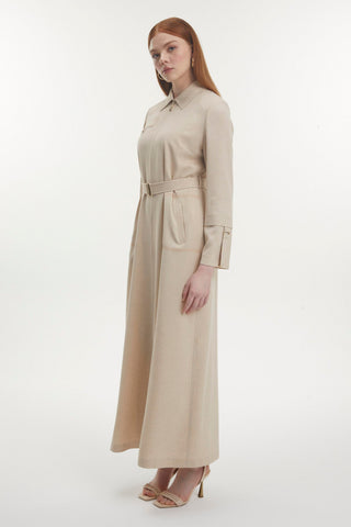 Gömlek Yaka Fermuarlı Kemerli Bej Pardesü 13781