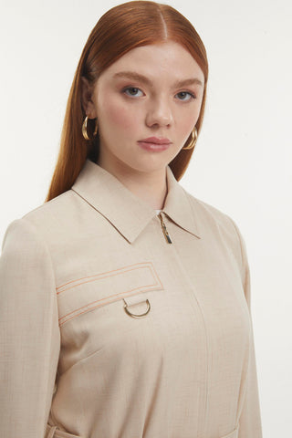 Gömlek Yaka Fermuarlı Kemerli Bej Pardesü 13781