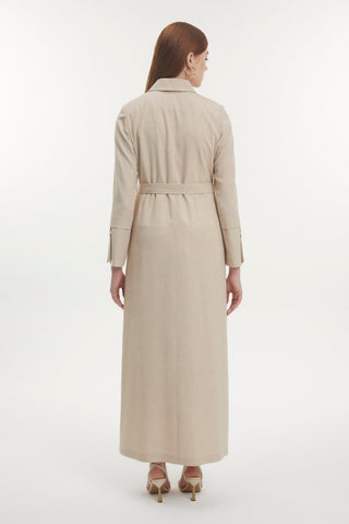 Shirt Collar Zippered Belted Beige Trench Coat 13781