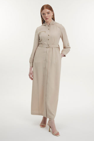 Kapüşonlu Fermuar Detaylı Kuşaklı Bej Pardesü 13785