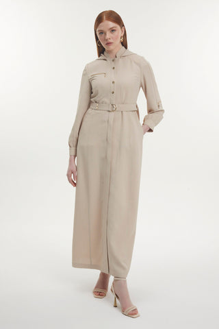 Kapüşonlu Fermuar Detaylı Kuşaklı Bej Pardesü 13785