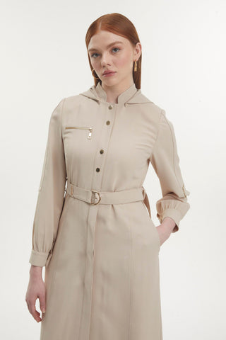 Kapüşonlu Fermuar Detaylı Kuşaklı Bej Pardesü 13785