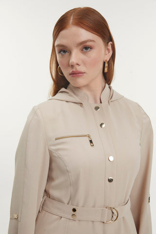 Kapüşonlu Fermuar Detaylı Kuşaklı Bej Pardesü 13785