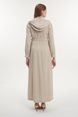 Hooded, Zipper Detail, Belted Beige Trench Coat 13785