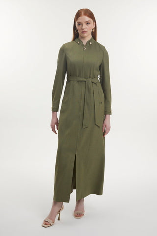 Yaka Detaylı Fermuarlı Kuşaklı Koyu Bej Haki Pardesü 13789