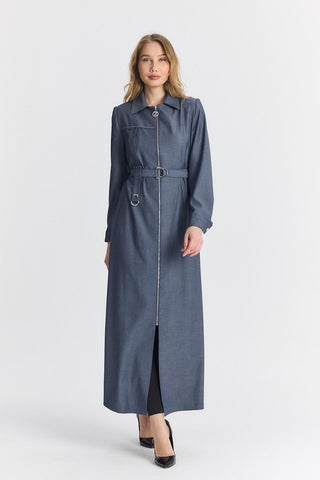Shirt Collar Zippered Indigo Trench Coat 13792