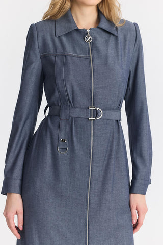 Shirt Collar Zippered Indigo Trench Coat 13792