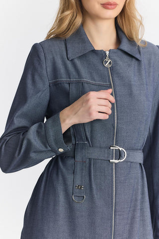 Shirt Collar Zippered Indigo Trench Coat 13792