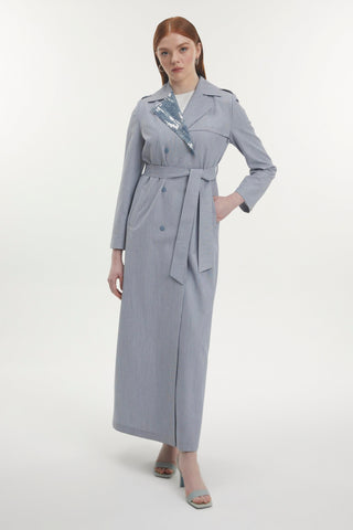 Yaka Detaylı Kuşaklı Indigo Pardesü 13797