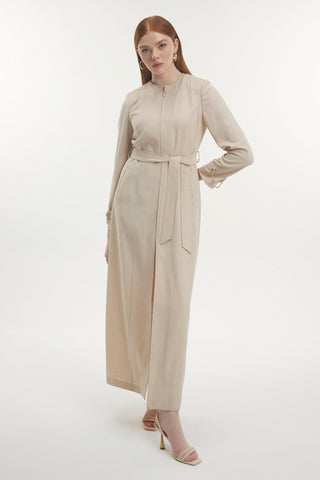 Kolu Zincir Detaylı Fermuarlı Koyu Bej Bej Pardesü 13799