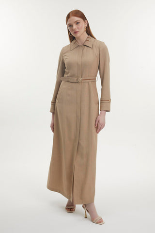 Gömlek Yaka Kuşaklı Koyu Bej K.bej Pardesü 13815