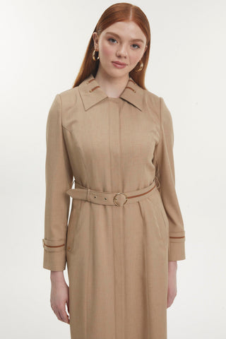 Gömlek Yaka Kuşaklı Koyu Bej K.bej Pardesü 13815