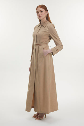 Gömlek Yaka Kuşaklı Koyu Bej K.bej Pardesü 13815