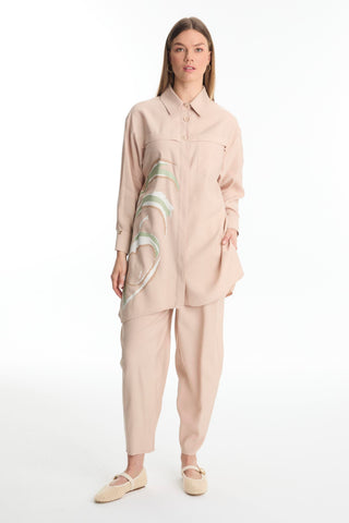 Patterned Buttoned Two-Piece Beige Set 1454