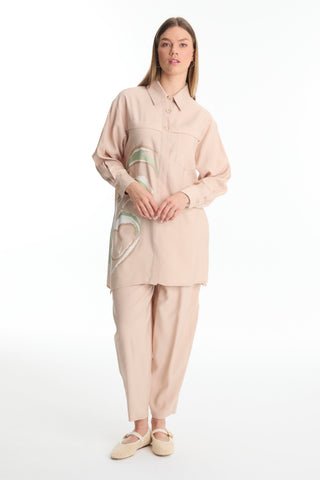 Patterned Buttoned Two-Piece Beige Set 1454